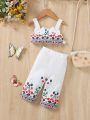 2pcs Baby Girls' Lovely Floral Printed Tank Top And Shorts Set, Spring/Summer