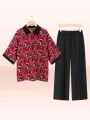 Plus Size Women's Casual Printed Short Sleeve Top And Pants Holiday Set