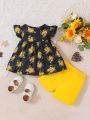 Toddler Girls' Flower Print Doll Collar Top And Yellow Shorts Set For Summer