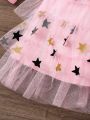 SHEIN Kids QTFun 2pcs/set Girls' Lovely Star Printed Mesh Long Sleeve T-shirt And Skirt Summer Outfits