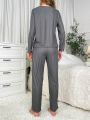 Women's Dark Grey Letter Print Ribbed Loungewear Set