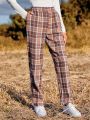 SHEIN LUNE Elastic Waist Plaid Pants With Diagonal Pockets