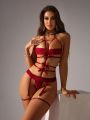 SHEIN Women'S Sexy Lingerie Set With Red Bowknot Decoration