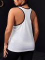 Daily&Casual Plus Size Color Block Mesh Trim Letter Printed Athletic Tank Top