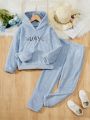 Girls' Plush Hooded Cat Embroidery Sweatsuit With Pants For Autumn/winter + Cross-body Bag As Gift