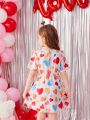 SHEIN Kids QTFun Little Girls' Heart Print Patchwork Ruffle Hem Short Sleeve Dress