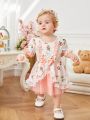 New Summer Baby Girls' Floral Patchwork Mesh Dress With Bowknot & Lace Detail