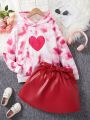 SHEIN Kids EVRYDAY Big Girls' Tie-Dye Heart Printed Hoodie And Belted Skirt Set