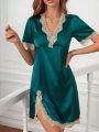 Contrast Lace Split Thigh Satin Nightdress