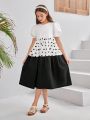 SHEIN Kids CHARMNG Tween Girl Heart Pattern Colorblock Puff Sleeve Dress With Round Neckline