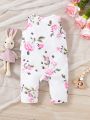 SHEIN Newborn Baby Girls' Simple Printed Rose Sleeveless Romper For Daily Wear In Summer