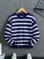 SHEIN Kids EVRYDAY Little Boys' Striped Round Neck Pullover Sweater For Big Kid