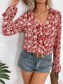 SHEIN Frenchy Women'S Floral Printed Ruffle Hem Bell Sleeve Blouse
