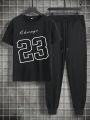 Men's Plus Size Text Pattern T-shirt And Pants Set