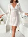 Women's Long Sleeve Robe And Lace Camisole Dress Sleepwear Set