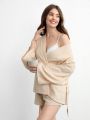 SHEIN Leisure Comfy & Breathable Lightweight Crinkle Cotton Gauze Kimono Style Lounge Top - Khaki