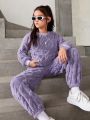 SHEIN Kids HYPEME Tween Girl Solid Teddy Pullover & Pants