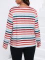 SHEIN LUNE Plus Striped Print Half Zip Tee