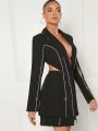 Luxe Rhinestone Detail Cut Out  Blazer & Skirt