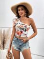 SHEIN VCAY Women's Vacation Style Floral Print One-shoulder Ruffle Trim Top With Decorative Edge