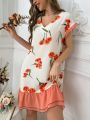 Women's Floral Print Colorblock Sleep Dress With Ruffle Hem