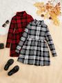 SHEIN Kids SUNSHNE Tween Girl 2pcs Plaid Print Turtleneck Dress