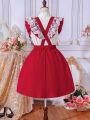 SHEIN Kids EVRYDAY 2pcs/Set Tween Girls' Stand Collar Shirt & Lace Patchwork Suspender Skirt