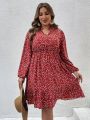 SHEIN VCAY Plus Size Long Sleeve Dress With Small Floral Print And Notched Neckline