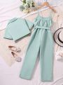 SHEIN Big Girls' Plain Color Suspender Pants And Shirt 2pcs/set