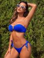 SHEIN Swim SXY Textured Bikini Set Ring Linked Bandeau Bra & Tie Side Cheeky Bottom 2 Piece Bathing Suit