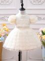 Baby Girl 3d Rose & Polka Dot Decorated Dress With Ruffled Neckline, Puff Sleeves And Back Button Closure