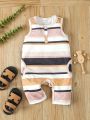 Baby Boy Striped Pattern Printing Sleeveless Romper With Shorts For Casual & Vacation In Summer