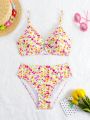 Teen Girl's Floral Print Bikini Set With Circular Rings Connection