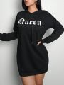 SHEIN SXY Women's Letter Printed Hooded Long Sweatshirt With Drawstring