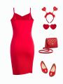 Teenage Girls' Sweet Vintage Spaghetti Strap Bodycon Dress With Irregular Hemline