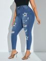 Plus Size Star Printed Ripped Slim Fit Skinny Jeans