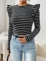 SHEIN Essnce Striped Ruffle Hem Long Sleeve T-shirt