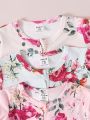 SHEIN 3pcs Baby Girls' Floral Print Footed Romper With Y-shaped Zipper