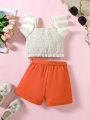 SHEIN Kids FANZEY Little Girls' Smocked Flutter Sleeve Top And Shorts 2pcs/Set