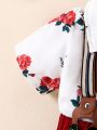 Toddler Boys' Gentlemen Outfit With Floral Printed Short Sleeve Shirt And Suspenders Short Pants