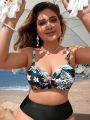 SHEIN Swim Lushore Summer Beach Women's Plus Size Floral Print Ruffled Swimsuit Top