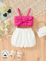 SHEIN 2pcs/set Baby Girls' Casual Elegant Bowknot Tank Top And Shorts Set, Suitable For Going Out