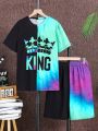 Teen Boy Two Tone Crew Neck T-Shirt And Shorts Set With Letter And Crown Prints