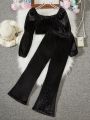 SHEIN Kids Nujoom Tween Girls Elegant & Romantic Ruffle Hem Top And Bell Bottoms Two Piece Set