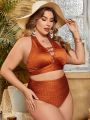 SHEIN Swim Chicsea Plus Size Women'S Solid Color Halter Neck Strap Swimsuit Set