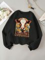 Teen Girl Cow & Letter Graphic Thermal Lined Pullover
