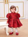 SHEIN Baby Girls' Gorgeous Chinese Style Embroidery Bubble Long Sleeve Dress