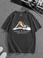 Men's Mountain Range Graphic Round Neck T-Shirt With Slogan