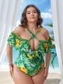 SHEIN Swim Vcay Plus Size Tropical Print Halterneck One-Piece Swimsuit