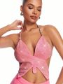 SHEIN BAE Pink Delicate Rhinestone Embellished Butterfly Shaped Backless Halter Top With Bow Tie For Nightclub, Party, Date, Summer Festival Outfits, Vintage Rave Outfits, Glitter Top, Western Coquette, Sexy